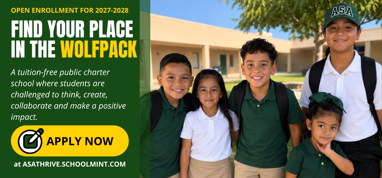 Five smiling children in school uniforms stand outside a school building with backpacks.